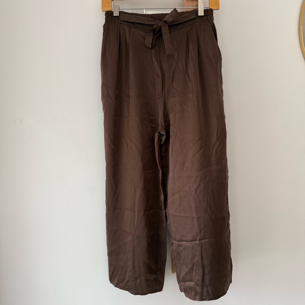 100% Silk Brown Tie-Waist Cropped Pants